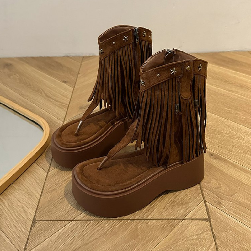 时尚罗马夹脚流苏凉鞋女2024年夏季新款靴子露趾侧拉链内增高凉靴