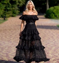 Solid Ruffle Long Evening Dress Lace Hollow Party Sexy Dress