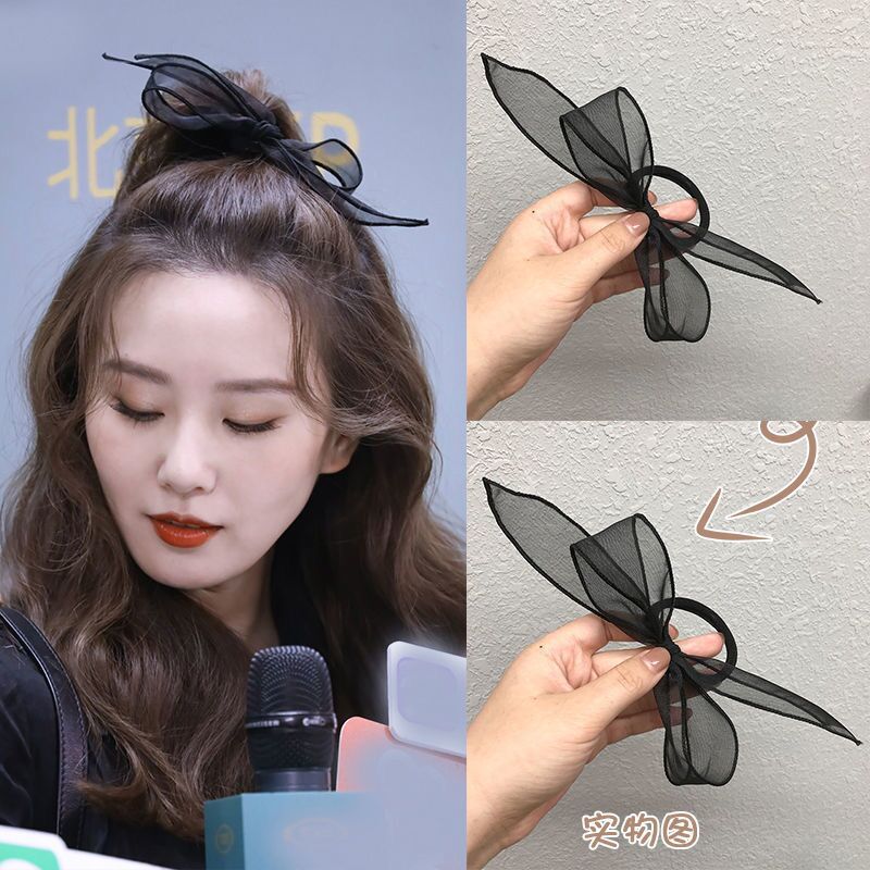 Liu Shishi's Same Style Mesh Bow Hair Band Black Headdress Flower Half Hair Rope Headdress Curly Hair Height Ponytail Hair String