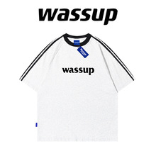 WASSUP国风潮牌重磅字母棉经典美式三条杠短袖T恤男女情侣夏季