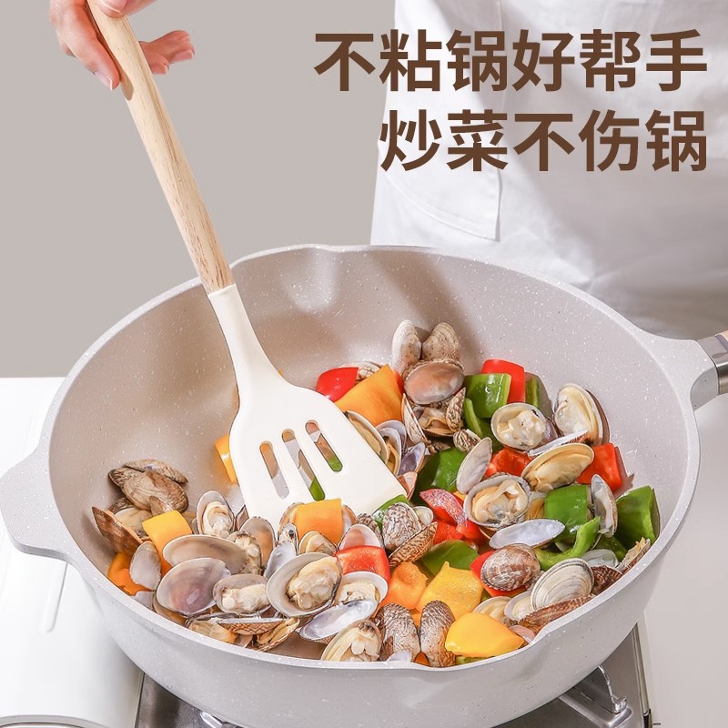 Factory Wholesale Wooden Handle White Non-Stick Pan Silicone Shovel High Temperature Resistant Silicone Pot Shovel Soup Spoon Kitchenware Set