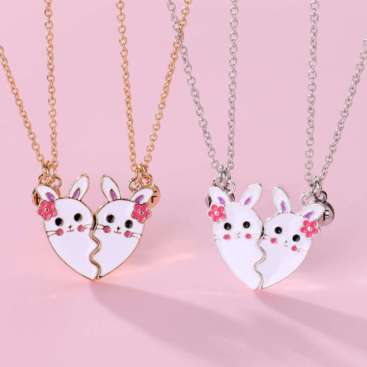 2024 new children‘s magnetic cute hug rabbit pendant necklace bff good friend girlfriends two people ornament wholesale