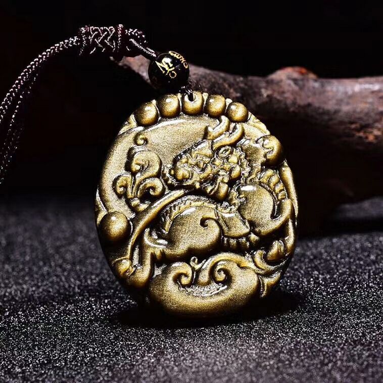 妏诺批发天然材质金曜石麒麟吊坠精雕飞天麒麟图案金眼效果金光闪