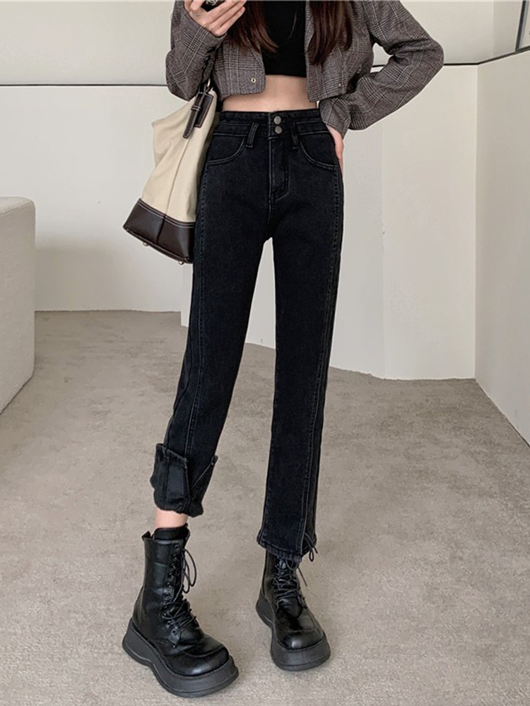 2022夏季新款显瘦烟筒牛仔裤女春秋直筒大码胖开叉九分烟管裤冬