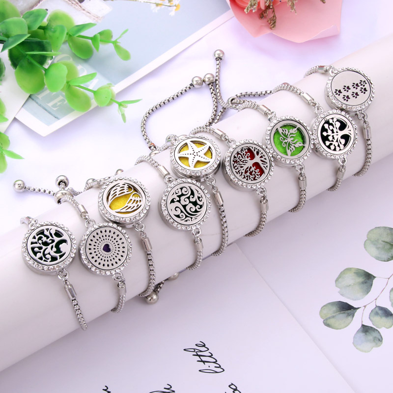 Aromatherapy Bracelet Hollow Stainless Steel Adjustable Couple Bracelet Women's European and American Ornament Lucky Tree Perfume Essential Oil Bracelet