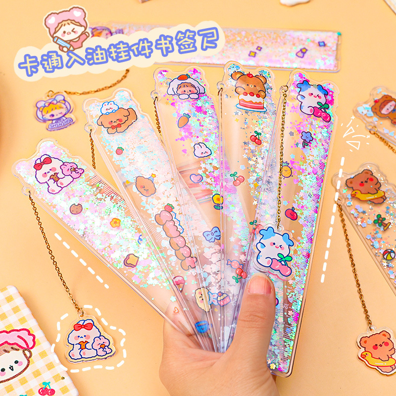 Oil Flowing Sand Bookmark Ruler Ins Girl Heart Learning Pendant Scale Multi-Function Pendant Painting Ruler 15cm