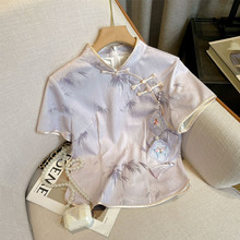 新中式轻国风紫色短袖上衣女装夏季2024新款短款珍珠盘扣刺绣衬衫