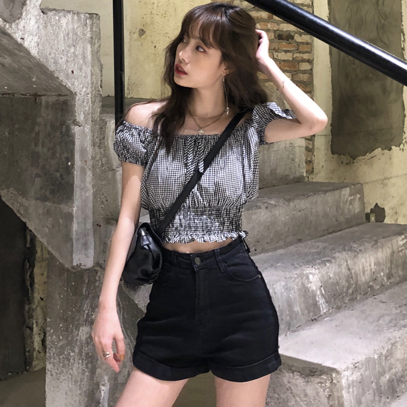 bm风复古显瘦松紧高腰显瘦一字领短款上衣短袖衬衫女  实拍