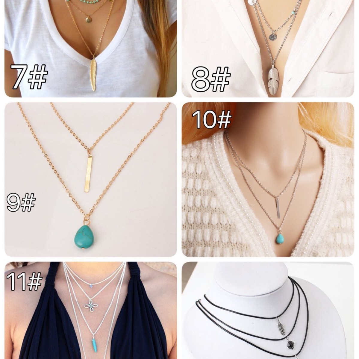 速卖通羽毛五角星一条多层几何项链绿松石珠子树叶亮片圆片项链