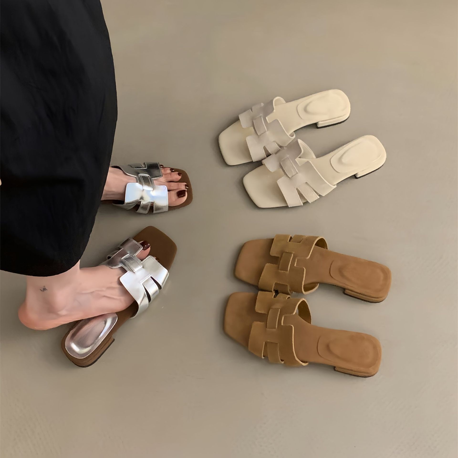 法式低跟一字拖鞋女鞋子外穿2024新款网红夏季编织凉拖小凉鞋