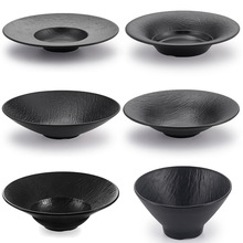 密胺碗仿瓷黑色草帽碗沙拉碗商用西餐汤盘汤碗浅口斗笠面碗圆形碗