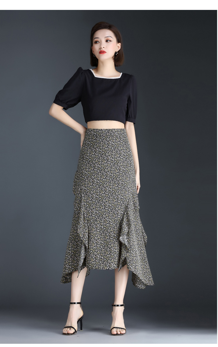 碎花荷叶裙半身裙女夏季2022新款不规则雪纺长裙大码裙子a字裙夏