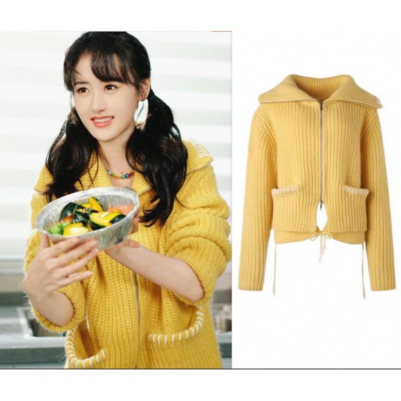 袁冰妍明星同款2023新时尚翻领拉链针织衫外套宽松减龄开衫毛衣潮