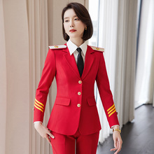 秋新款红色西装套装女航空高铁制服空姐工作服职业西服演出两件套