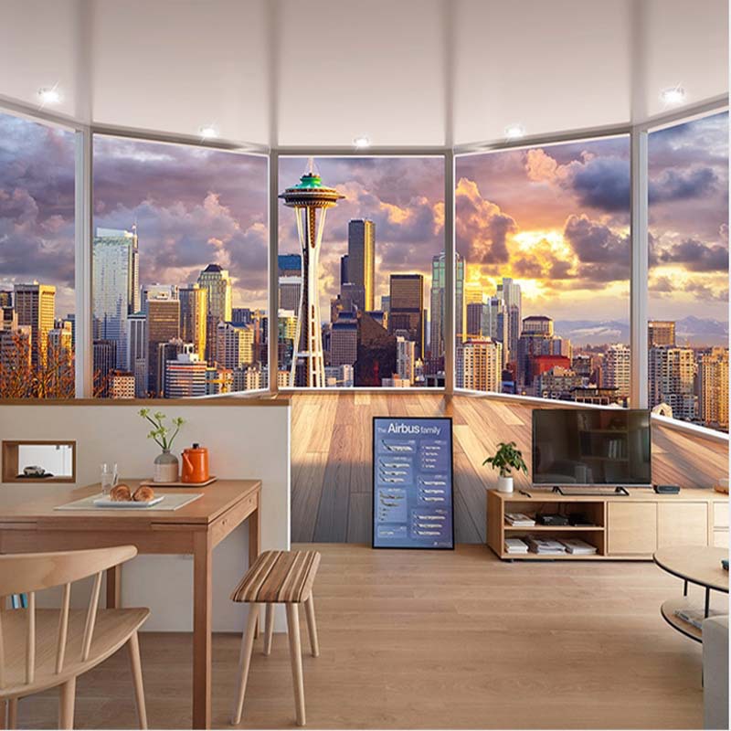 3d立体窗外城市建筑夜景视觉延伸空间壁画餐厅卧室壁纸8d创意墙布