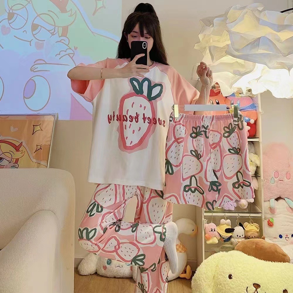 睡衣女三件套2024新款套装夏季短袖长裤休闲甜美卡通可爱家居服装