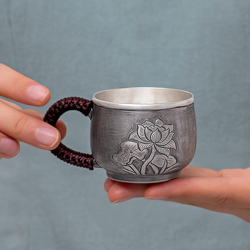 归银堂纯银杯子银茶杯足银999荷花把手杯品茗杯功夫银茶具水杯主