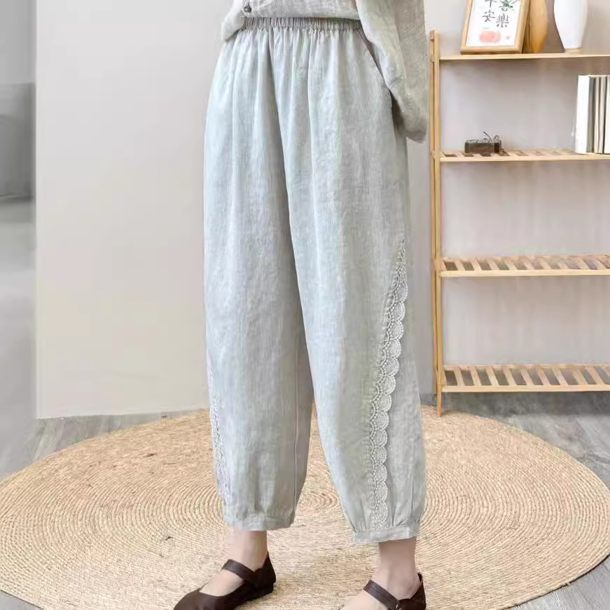 亚麻花边哈伦裤2024复古简约韩版松紧腰显瘦百搭宽松休闲九分裤女