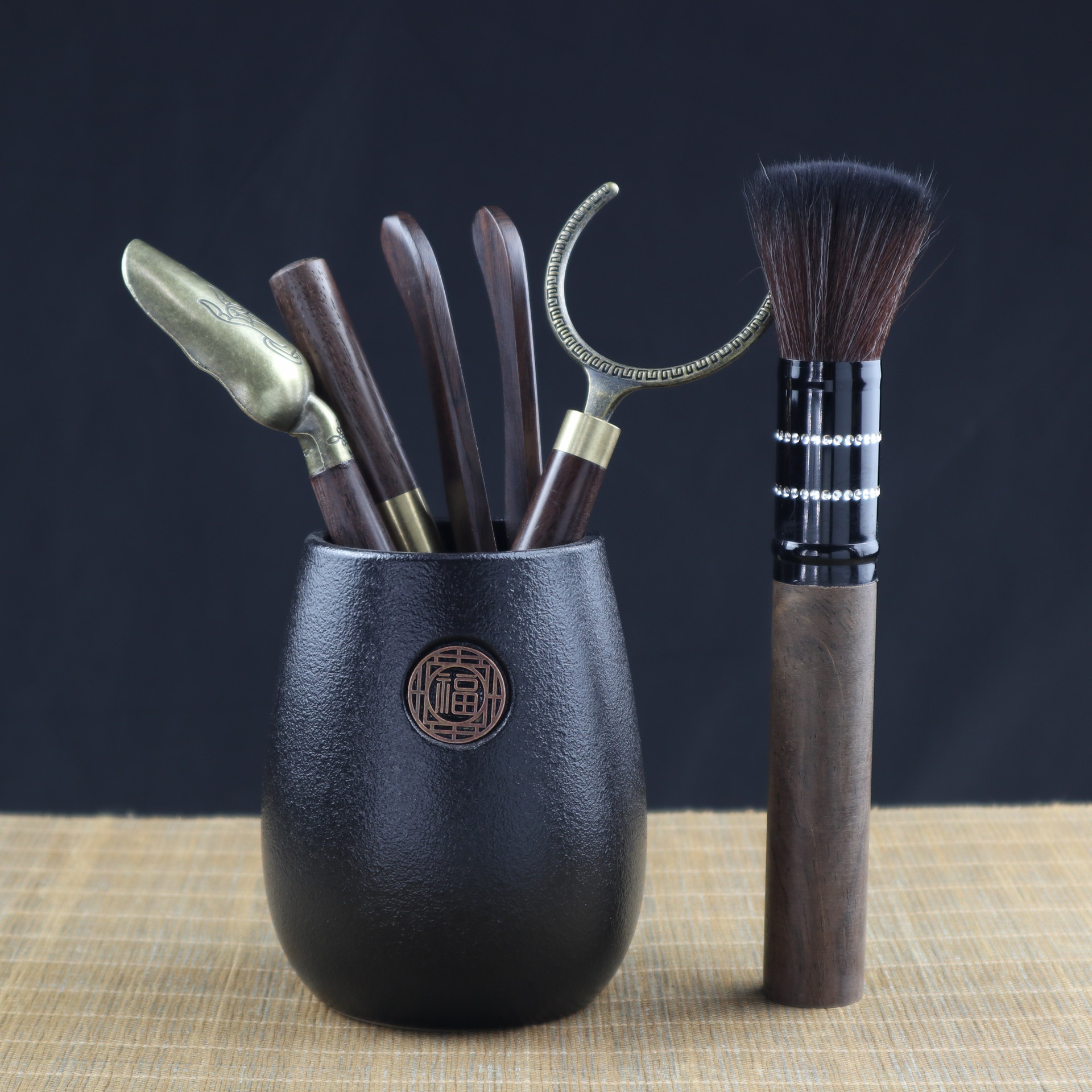 黑檀木茶道六君子套装功夫茶具配件6君子陶瓷茶叶罐茶夹茶针茶道