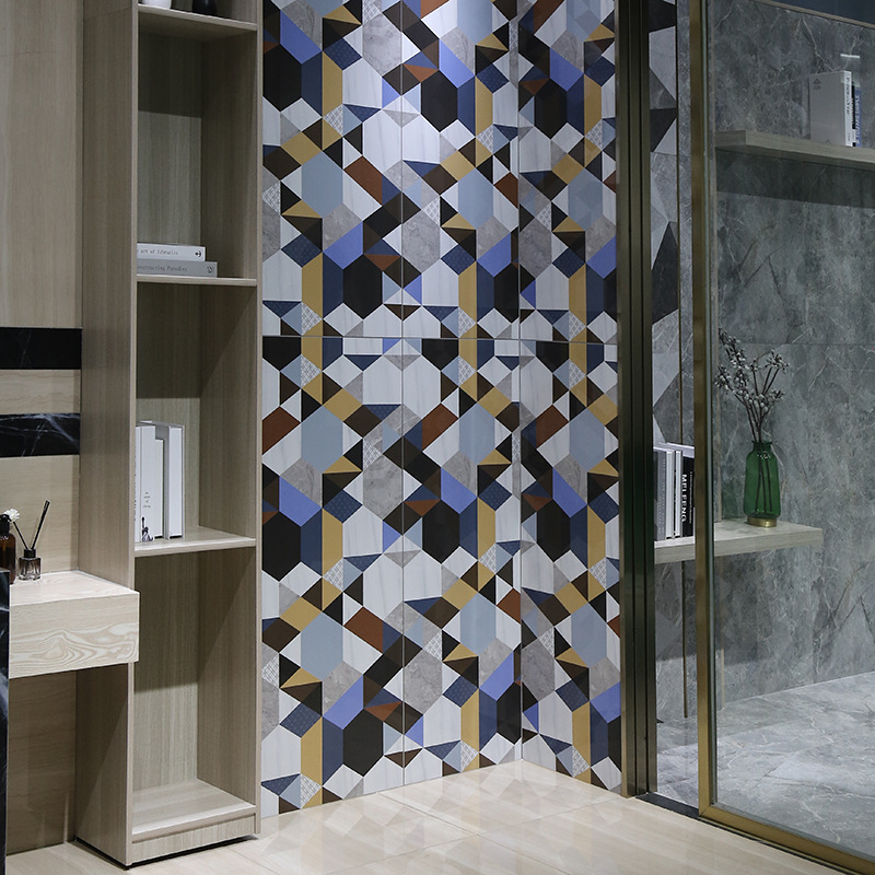 酒店大堂彩色水刀拼图几何拼花地砖600x1200瓷砖客厅电视背景墙砖