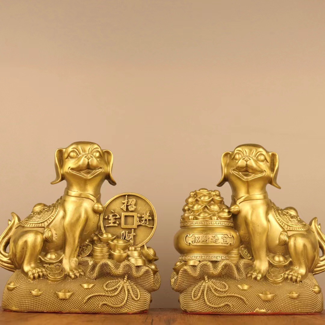 全黄铜狗摆件聚宝盆狗家居摆设办公室工艺品生肖狗装饰礼品中式