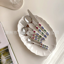 韩国ins复古花纹陶瓷手柄不锈钢刀叉勺甜品勺叉咖啡勺