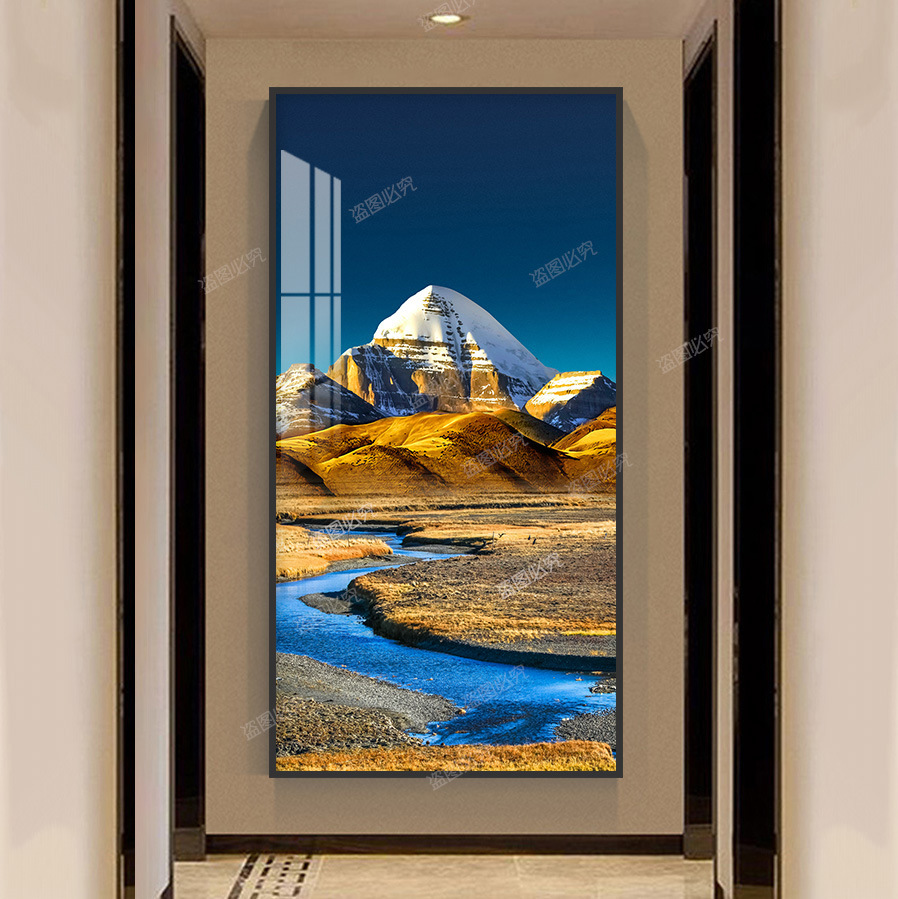 冈仁波齐背靠金山高清挂画晶瓷玄关装饰画竖版走廊过道壁画客厅画