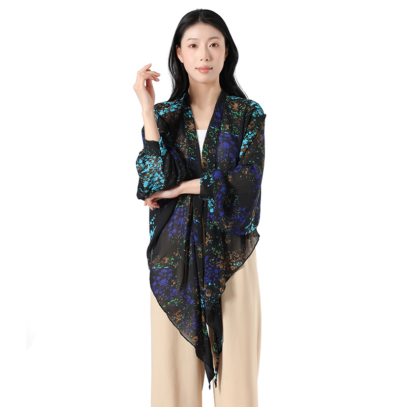 New Sunscreen Chiffon Shawl Women's All-Match Wide Sleeve Sun Protection Clothing Lace-up Printed Ice Silk Shawl Temperament Small Waistcoat