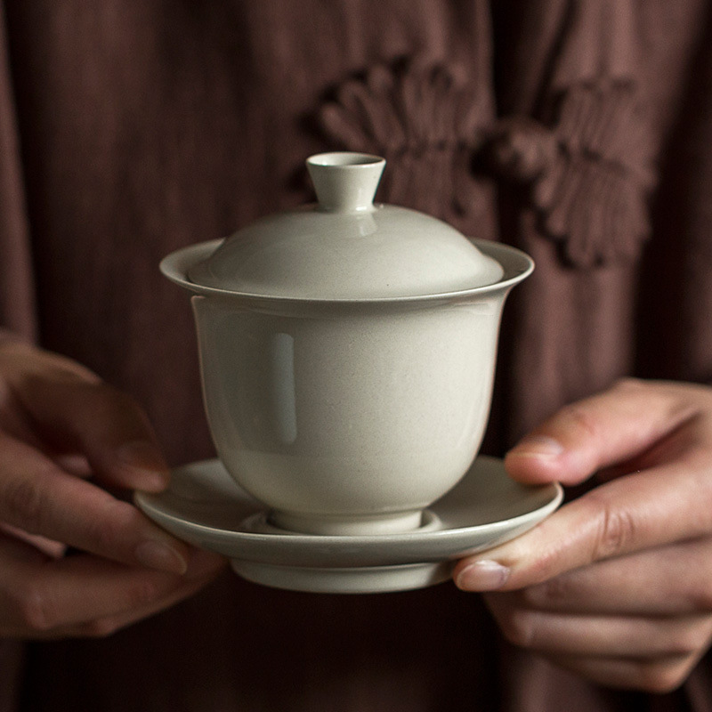 德化茶具草木灰三才盖碗 瓷器泡茶茶碗壶承 家用功夫茶具复古盖杯