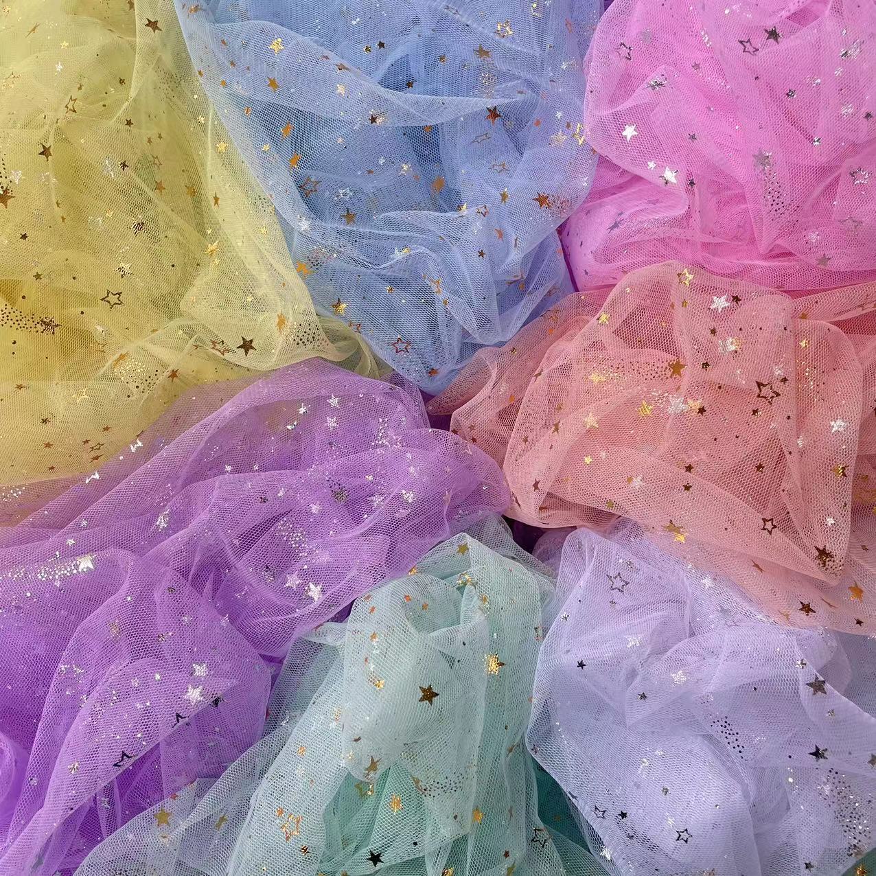 彩色烫金飘雪星网纱布银色镂空五角星网眼布舞台发饰服装装饰面料