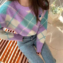 日系仙气软奶毛衣女2021新款冬季茧型套头宽松外穿撞色菱格针织衫