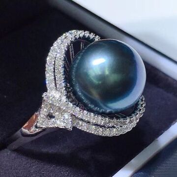 天然海水大溪地黑珍珠18k镶钻戒指活口指环正圆强光优雅女