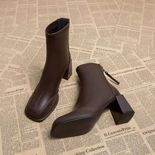 瘦瘦靴法式踝靴小短靴女加绒2023秋冬季新款单靴粗跟高跟鞋