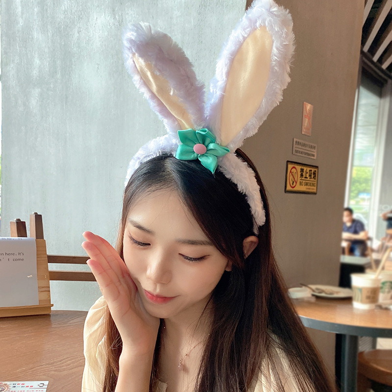 Korean New StellaLou Rabbit Ears Hair Hoop Women's Plush Amusement Park Cute Headband Small Flower Mickey Headband