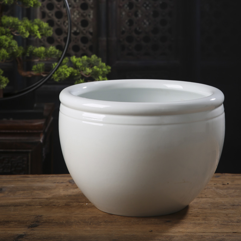 纯白风水缸摆件聚宝盆瓷器桌面鱼缸小型白胎缸鱼盆