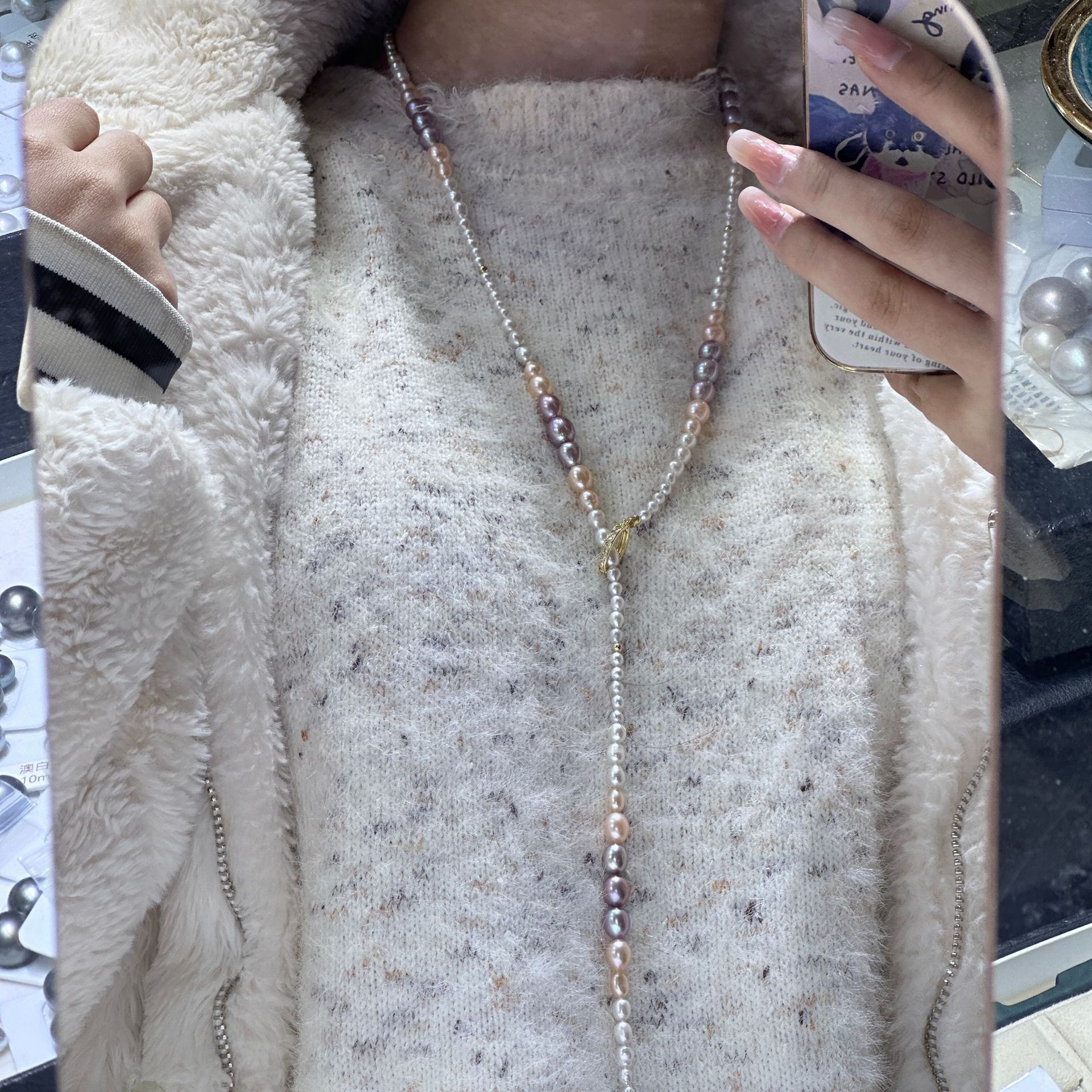 3-7mm淡水珍珠米珠毛衣链渐变颜色倪妮同款毛衣链y链多种戴法