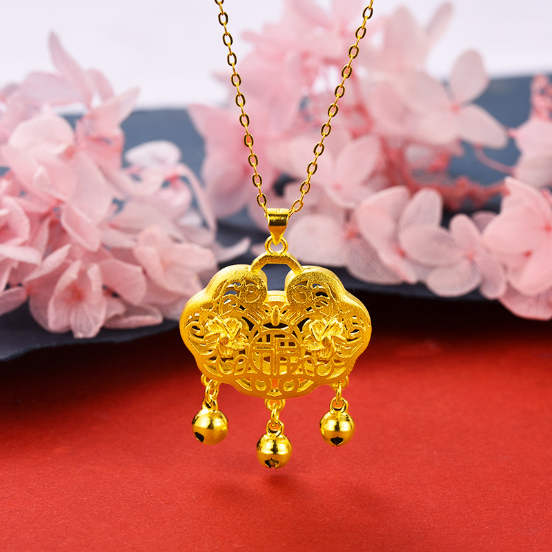 民族风时尚如意花丝福锁吊坠女生沙金项坠饰品宝宝礼物 批发