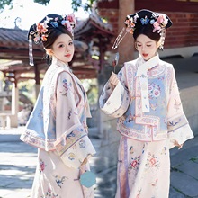 汉服女清代印花古装延吉马甲公主服装格格清朝旗装两件套旅拍