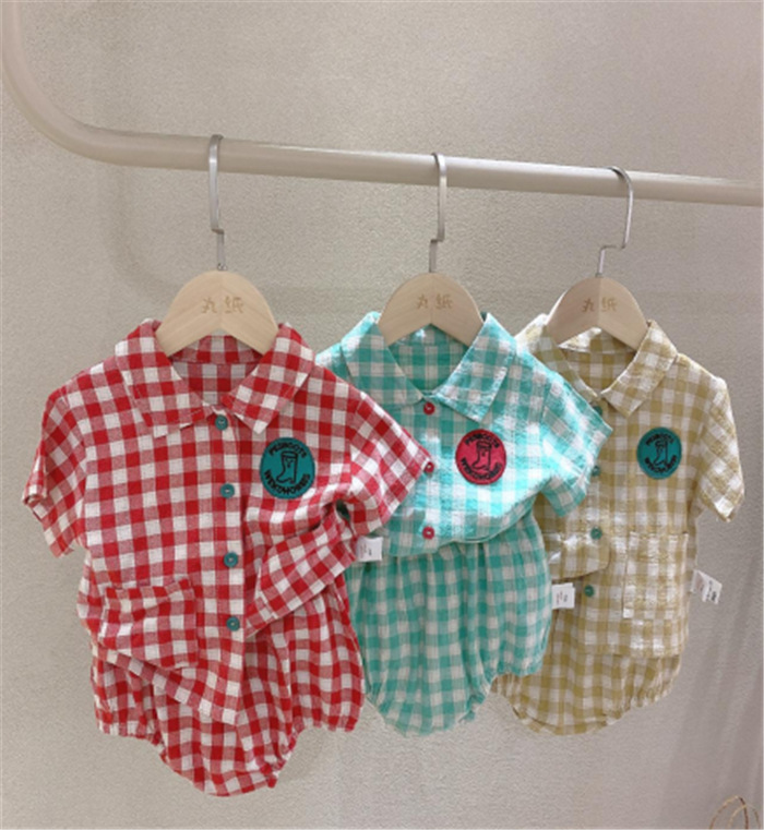 现货档口货丸纸2021夏款婴幼童格子贴标套装z002