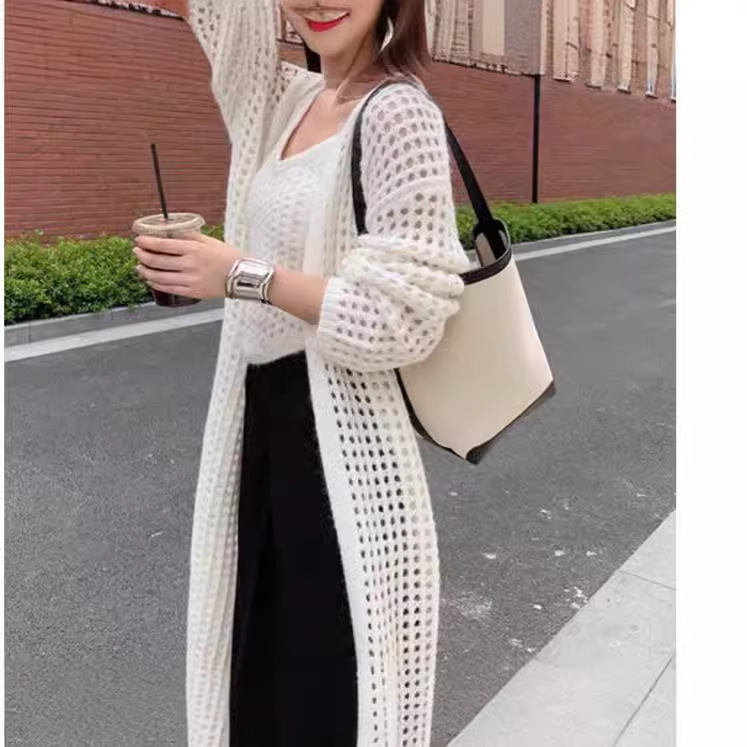 韩版感外搭针织开衫背心两件套女镂空中长款上衣薄款外套罩衣