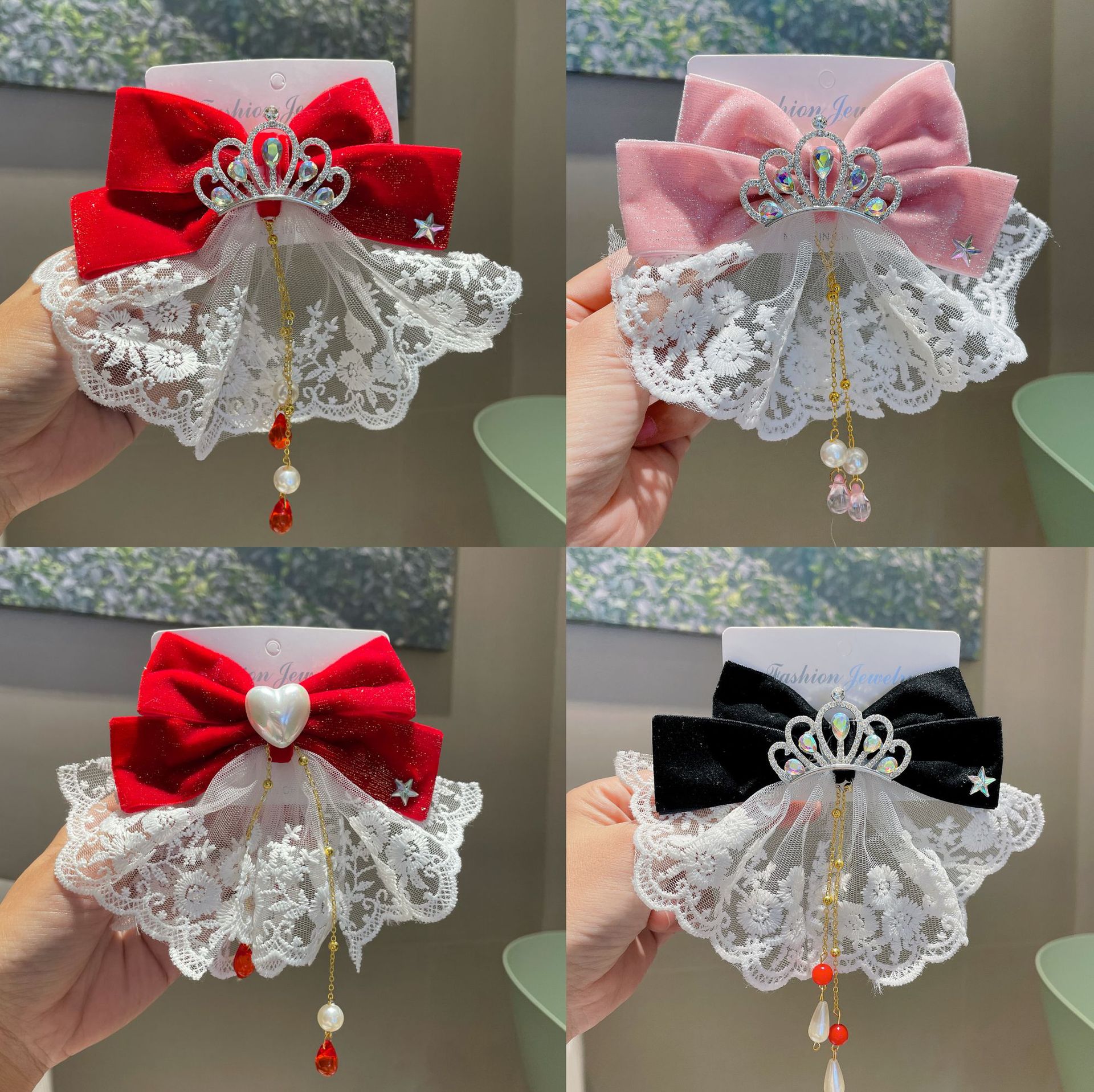 亲子款新品原创蕾丝蝴蝶结皇冠新年红发夹儿童公主发饰发卡鸭嘴夹