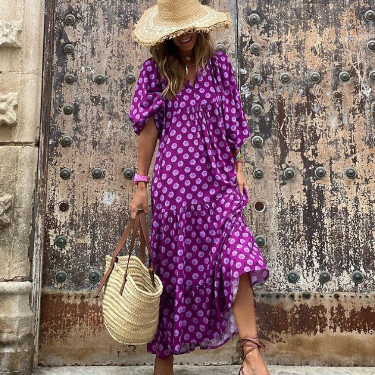 2023 Autumn New Independent Station Hot Selling Product Geometric Printing Puff Sleeve Dress Street Fried Street Large Size Women's Clothing