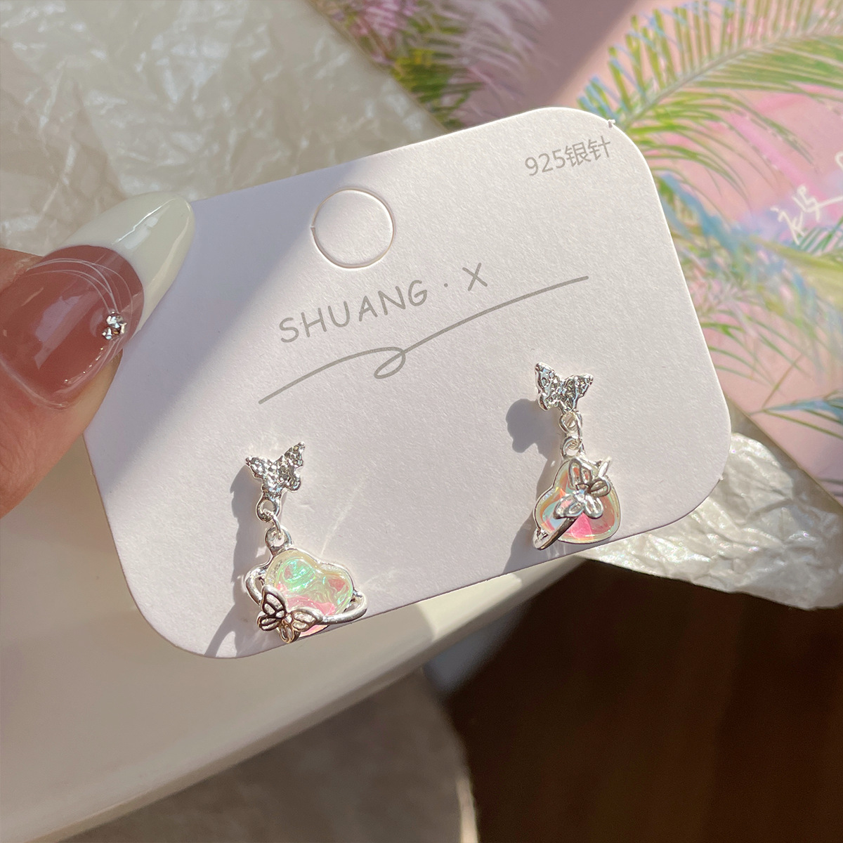 Spring and Summer Sweet Cool Aurora Lovely Butterfly Stud Earrings Set Female Silver Needle Earrings Niche Ins Style Personalized Heart-Shaped Earrings