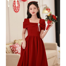 孕妇敬酒服新娘春季酒红色结婚平时可穿法式订婚礼服连衣裙小个子