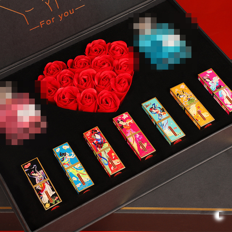 520 Gifts for Girlfriend Chinese Style Carved Lipstick Perfume Kit Rose Soap Flower Valentine's Day Birthday Gift Box