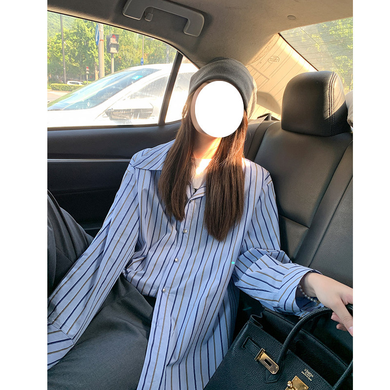 网红【冲绳假日】白蓝色条纹长袖衬衫女2021春秋百搭宽松上衣潮