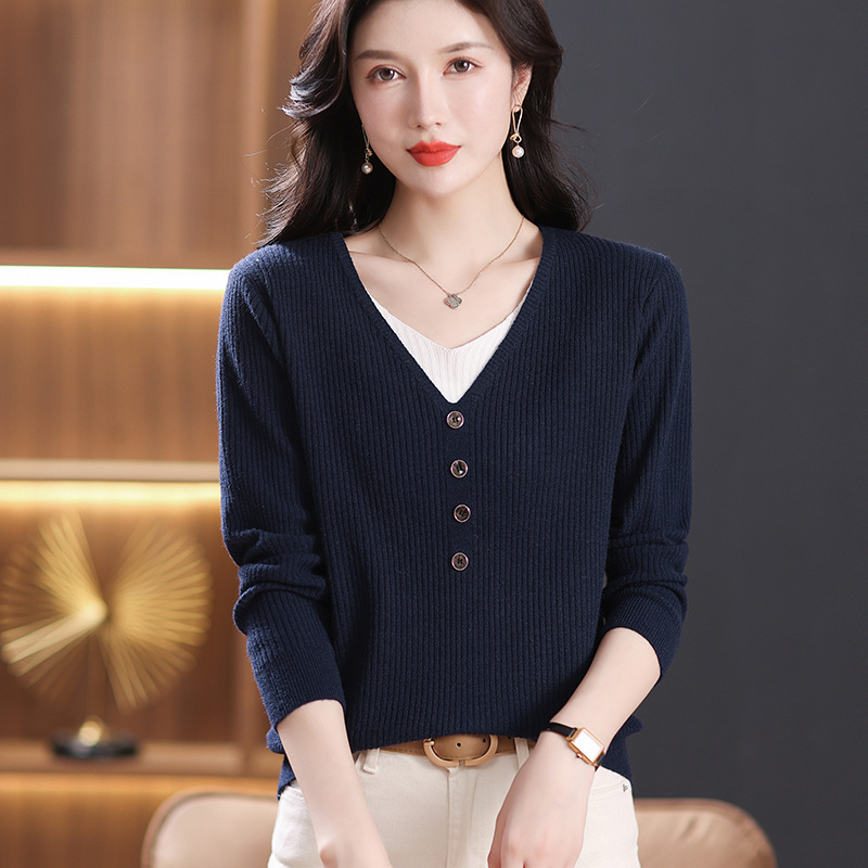 春季女士长袖薄款打底衫2024新款纯色套头休闲v领针织衫女-阿里巴巴