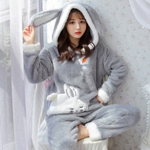 冬季女睡衣加厚法兰绒套装韩版卡通冬天保暖长毛绒家居服可外穿