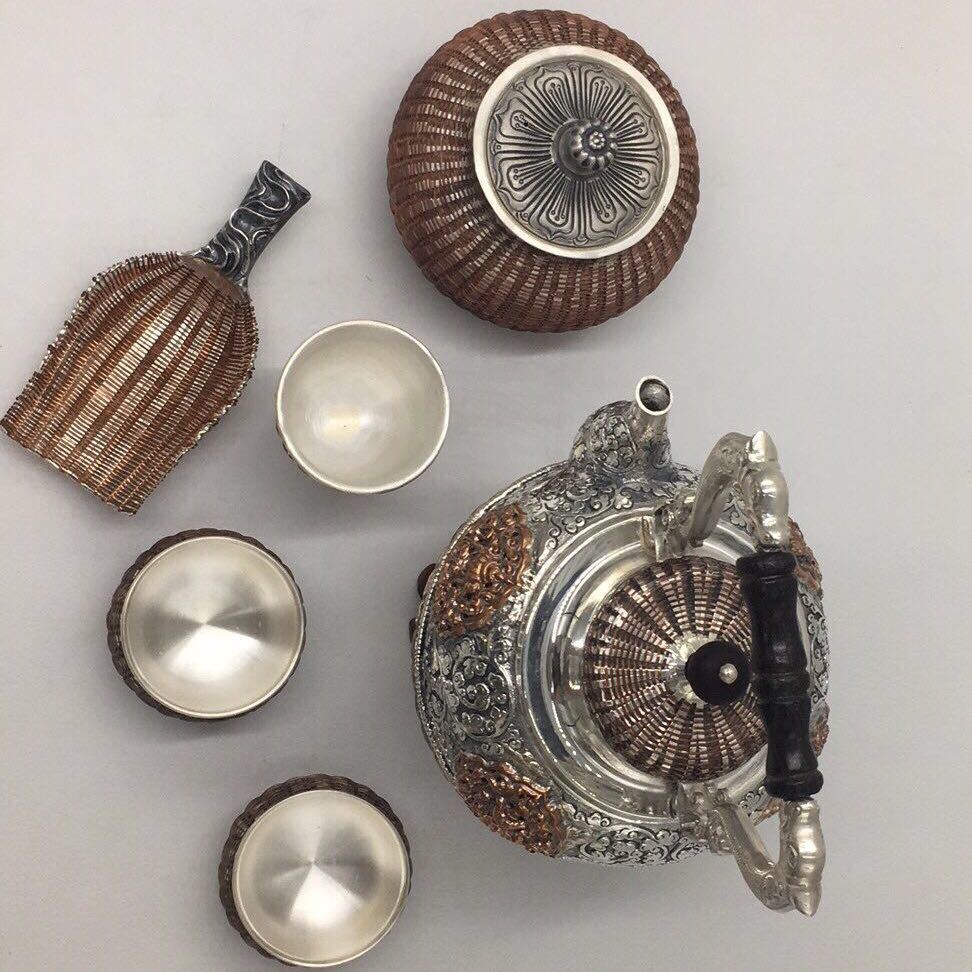 云南鹤庆文彬银器 6件银茶器套装 999银非遗传承人大师作品