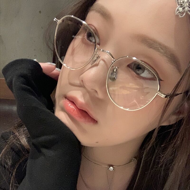 Small Frame Metal Glasses Female Korean Fashion Net Red Face without Makeup Gadget Plain Glasses with Myopic Glasses Option Anti Blue-Ray Glasses Frame